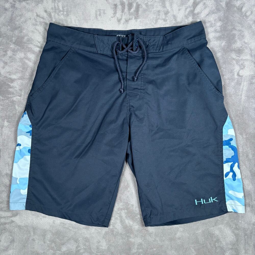 HUK Performance Fishing Swim Trunks Blue Camo Board Shorts Size 32